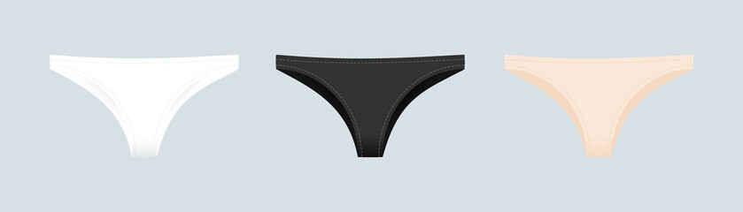 Panties symbol. Woman underwear type: brazilian. Basic colors: white, black and nude. Vector illustration, flat design