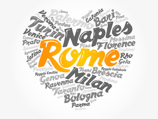 List of cities and towns in Italy composed in love sign heart shape, word cloud collage, business and travel concept background