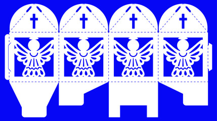 Openwork box with lace ornament. Vector bonbonniere for wedding, birthday, baby shower, baptism, party. Laser cut template. Silhouette of christmas angel. Cube gift box to print, cut and fold.