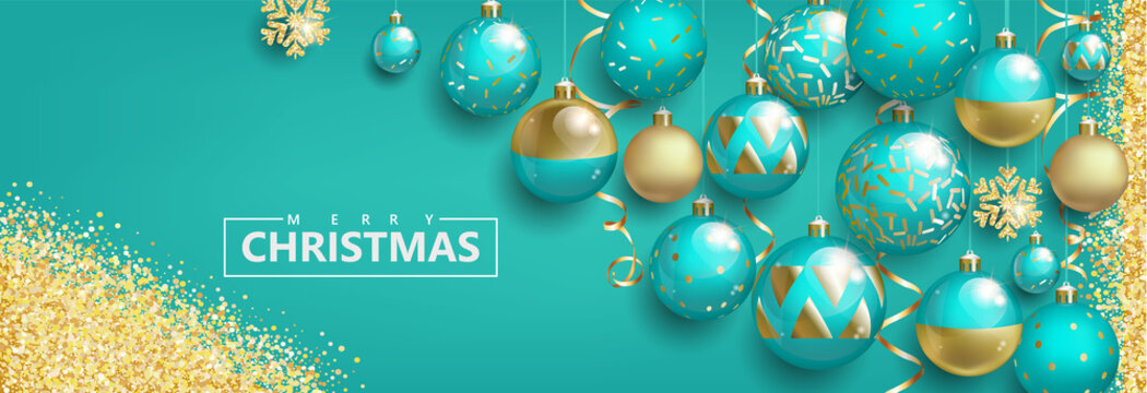 Christmas greeting card with balls on turquoise background