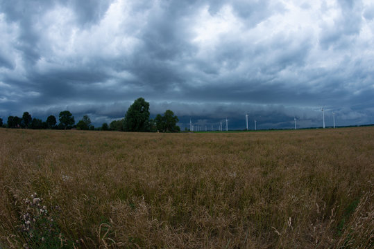 Rollwolke sammelt sich zu einem Unwetter am Himmel zusammen