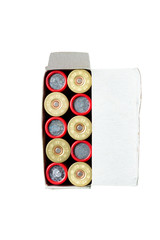 12 gauge caliber color cartridges hunting shells box pack on a brown wooden background