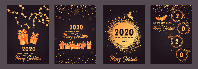 New Year and Christmas 2020. A set of templates for Christmas banners, cards, flyers, posters, covers. Golden gradient. EPS 10 Vector