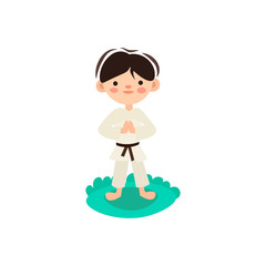 Little kid, child preparing for karate training. Boy doing martial fight exercise on green grass. Isolated vector cartoon illustration with boy in kimono, doing jujitsu defence