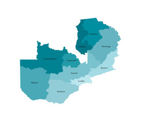 Vector isolated illustration of simplified administrative map of Zambia. Borders and names of the provinces (regions). Colorful blue khaki silhouettes
