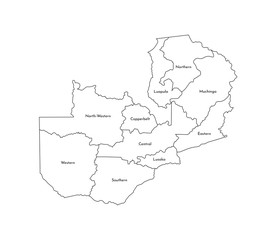 Vector isolated illustration of simplified administrative map of Zambia. Borders and names of the provinces (regions). Black line silhouettes