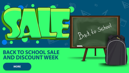 Back to school sale, banner in graffiti style with school Board and school backpack