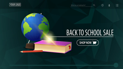 Back to school sale and discount week, green discount banner with polygonal texture, globe and school textbooks