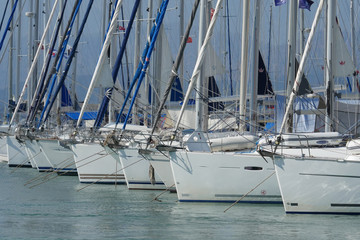 Yachts in the parking lot at the pier close up, Marina Fethiye, Mugla, Turkey.