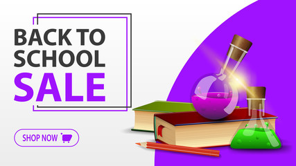 Back to school sale, white banner with books and chemical flasks