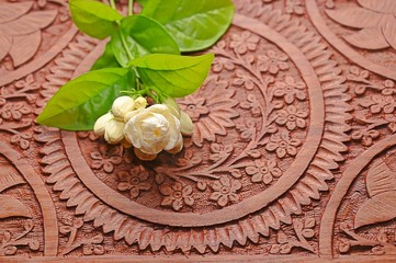 Beautiful White Jasmine Flowers with Wood Background