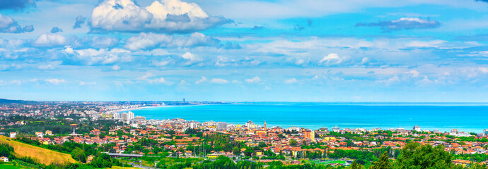 Panoramic view of Romagna coast or Riviera Romagnola, Cattolica Riccione Italy - obrazy, fototapety, plakaty