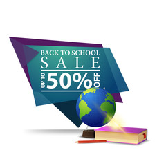 Modern blue geometric discount banner to the back to school with globe and school textbooks