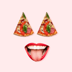 Emotions of happiness. Face with the pizza's slices as an eyes on pink background. Negative space to insert your text. Modern design. Contemporary art. Creative conceptual and colorful collage.