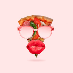 Emotions of happiness. Face as a pizza's slice with big lips and in sunglasses on pink background. Negative space. Modern design. Contemporary art. Creative conceptual and colorful collage.