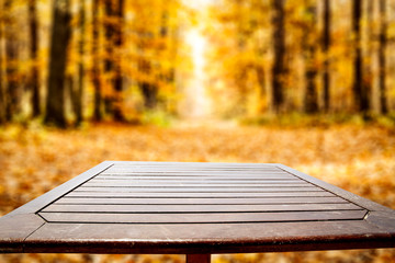 Table background and autumn forest view in distance.