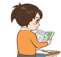 教室 机 椅子　音読する子供