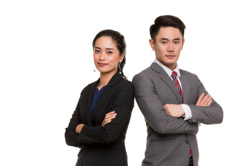 Asian business people stand back to back together..