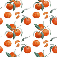 abstract watercolor hand painting seamless pattern with tangerine branches, slices and leaves on white, vector illustration best for textile, wallpaper, wrapping, background