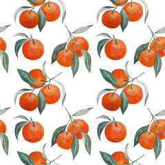 abstract watercolor hand painting seamless pattern with tangerine branches and leaves on white, vector illustration best for textile, wallpaper, wrapping, background