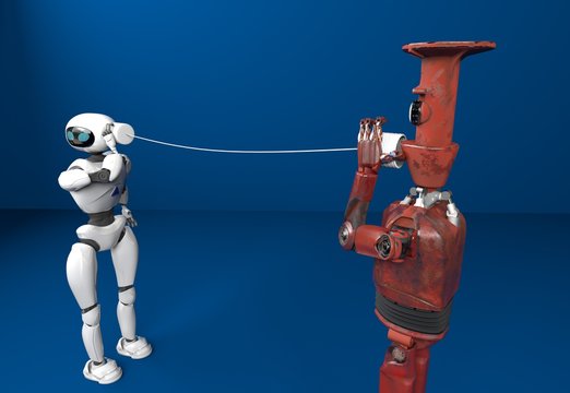 Two robots with tin can phones. 3d render