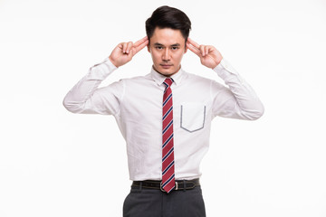 Man plays a role, that has wall in front of him..