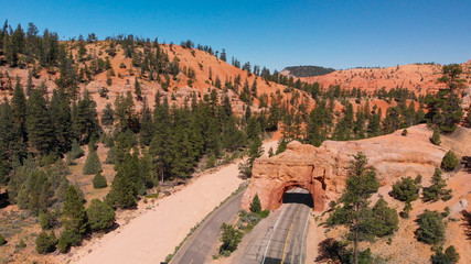 Road and the tunnel in the rock, aerial view of National Park