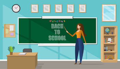 Young female teacher holding a pointer and pointing to a blackboard in a classroom. Welcome back to school concept. Vector illustration
