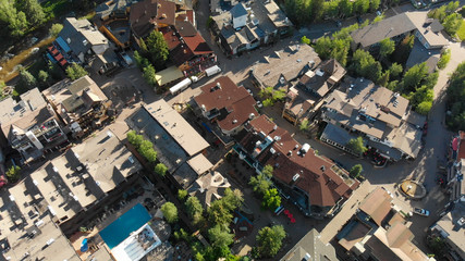 Buildings in Vail, Colorado. Aerial view on a sunny summer morning