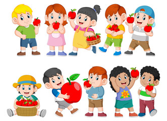 Collection of happy Kids with fresh apple