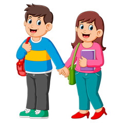 Fototapeta premium Happy boy and girl go to school