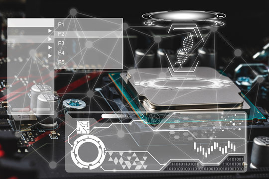 Mainboard with icons about science research..