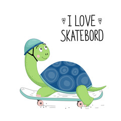 Cute turtle on a skateboard drawn vector illustration with letters I love skatebord. © Nadya Solko
