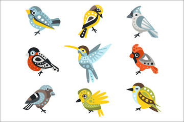 Obraz premium Small Bird Species, Sparrows And Hummingbirds Set Of Decorative Artistic Design Wild Animals Vector Illustrations