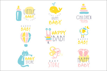 Kids Shop Promo Signs Series Of Colorful Vector Design Templates With Outlined Childish Toy Silhouettes