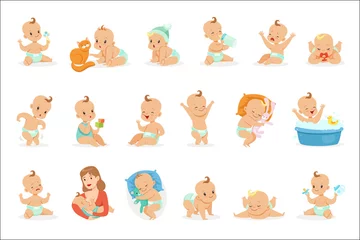 Fototapeten Adorable Happy Baby And His Daily Routine Series Of Cute Cartoon Infancy And Infant Illustrations © topvectors