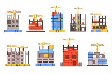 Fototapeta premium Unfinished Modern Building Construction Set With No People And Lifting Crane Set Of Icons