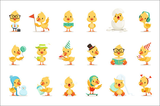 Little Yellow Duck Chick Different Emotions And Situations Set Of Cute Emoji Illustrations