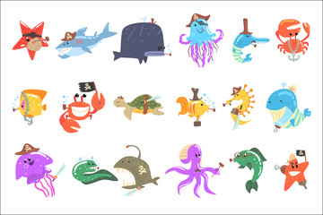 Naklejka premium Marine Animals And Underwater Wildlife With Pirate Accesories And Attributes Set Of Comic Cartoon Characters