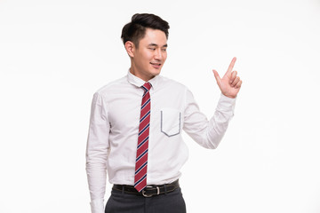 Asian businessman standing and point his finger..