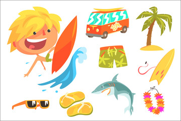 Boy Surfer Extreme Sportsman, Kids Future Dream Professional Occupation Illustration With Related To Profession Objects