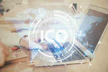 Blockchain theme hud with businessman working on computer on background. Concept of crypto chain....