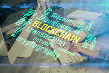 Blockchain theme hud with businessman working on computer on background. Concept of crypto chain. Multi exposure.