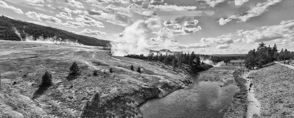 Midway Geyser Basin, Yellowstone. Beautiful aerial view of National Park main attraction
