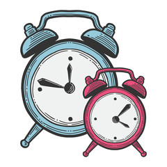 Alarm clock, analog watches. Vector in doodle and sketch style.