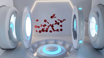 creative future technology red blood cells and robot medical devices in a room 3d-illustration