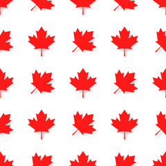 Fototapeta na wymiar Canadian patriotic seamless pattern with national official colors. White maple leaves repeat in row on red background. Canada republic simple wallpaper design vector illustration.