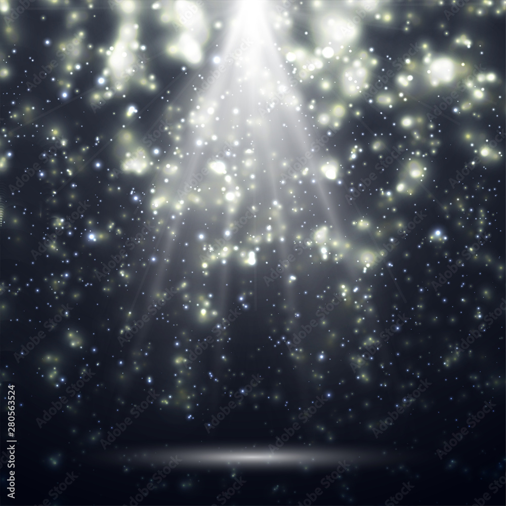 Poster white spotlights. light effects. realistic falling snowflakes. bright white flashes and glares. brig