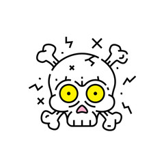 Cartoon skull crossbones line icon. Halloween skeleton head symbol. Vector illustration.