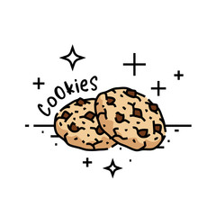 Chocolate chip cookies line icon. Biscuit snack cartoon graphic. Vector illustration.